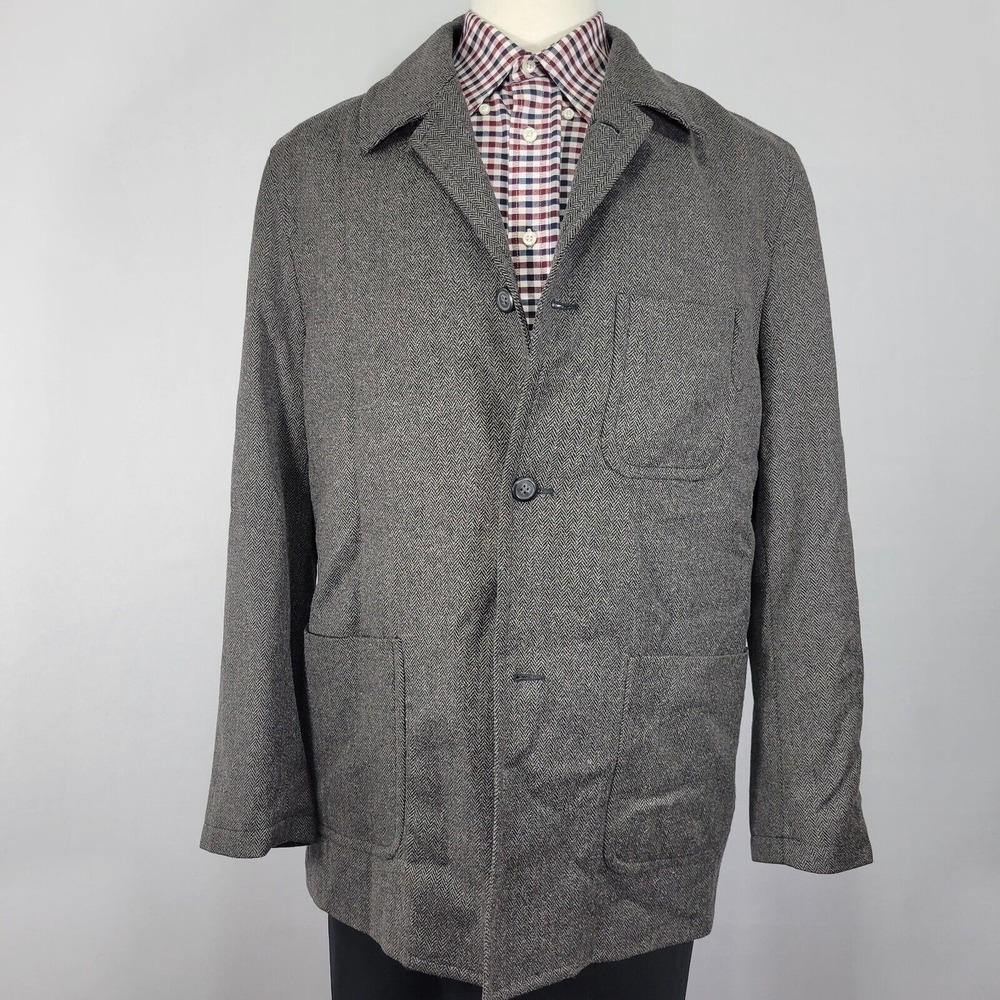 Tasso Elba Men's Over Coat Jacket Brown Gray Herringbone Silk Wool LARGE